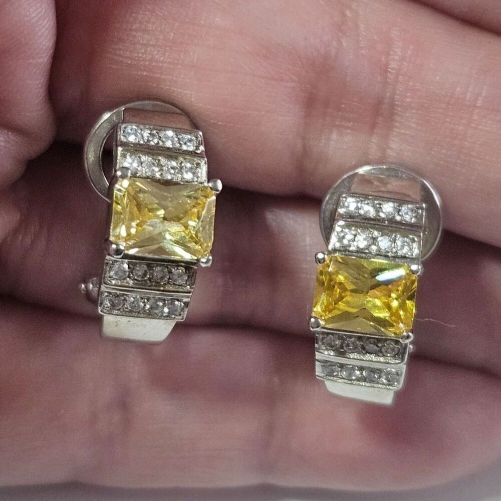 Sterling Silver Yellow Rhinestone Hoop Style Earrings Clear Accents